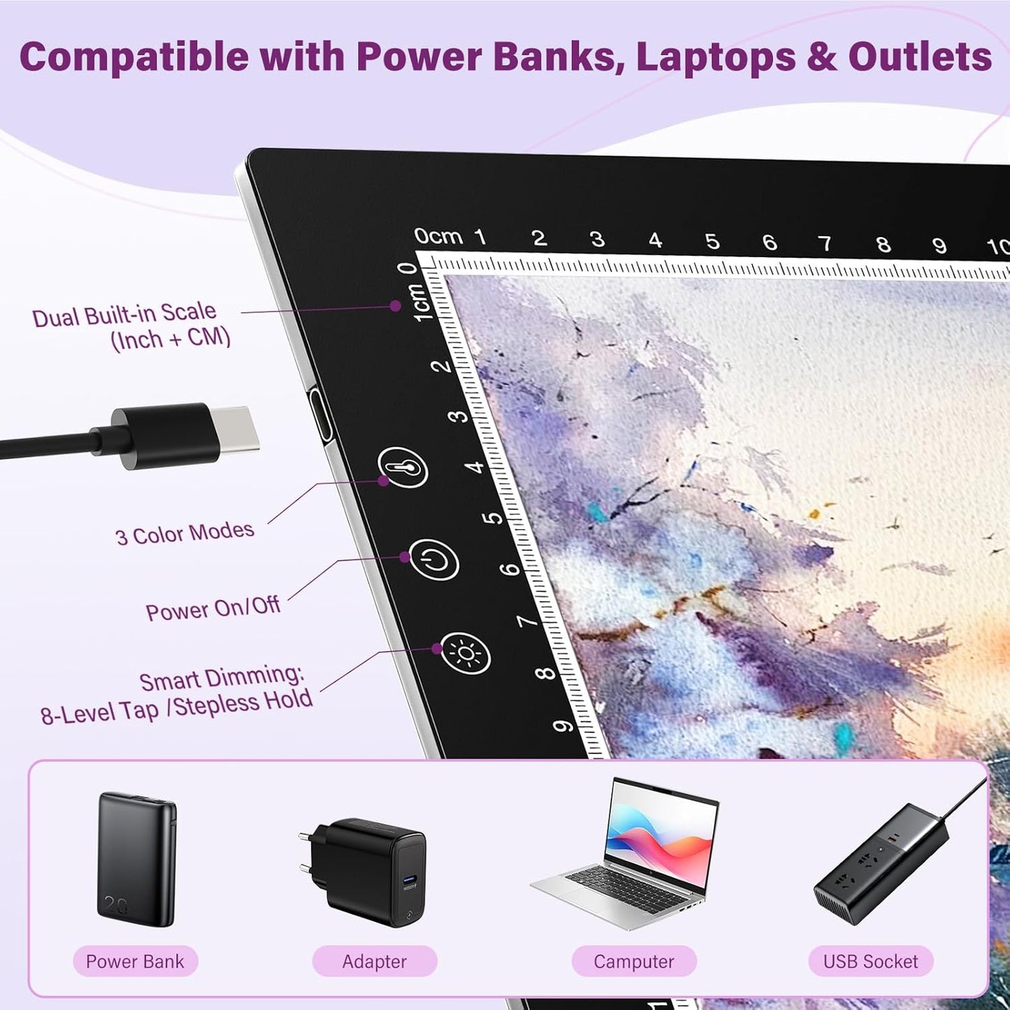 ZEXALIGHT A4 Light Box for Tracing, Light Pad for Diamond Painting with 8 Levels/Stepless Dimming Brightness and 3 Color Modes, Ultra-Thin Copy Board Light Table for Artists Tracing Drawing (Purple)