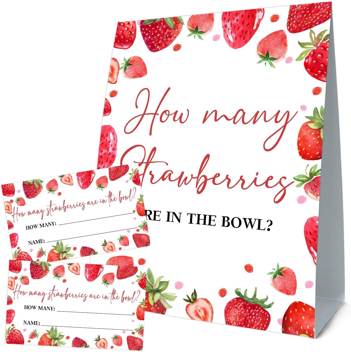 Strawberry Baby Shower Games, Strawberry Decorations for Bridal Shower, Guess How Many Strawberries Are in the Jar, Party Games & Activities 50 Cards and Sign