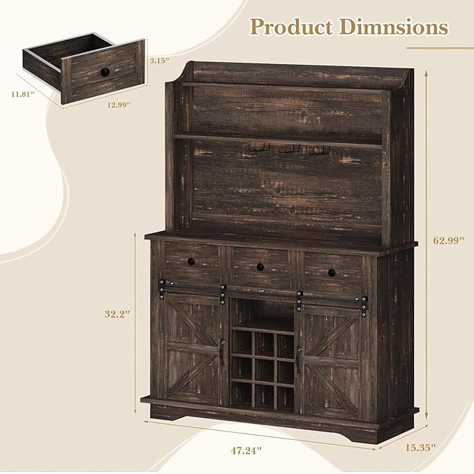 63 Inch Tall Coffee Bar Cabinet with 3-Tier, Kitchen Hutch with 3 Large Drawers, Farmhouse Coffee Bar with 9 Wine Racks & 3 Glass Holders, Wine Storage Cabinet for Living Dining Room, Oak