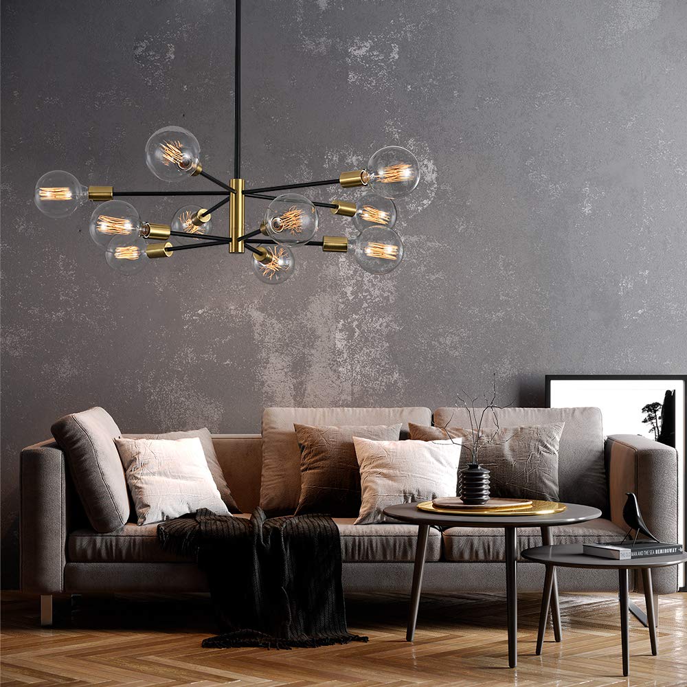 Kaisite Modern 10-Light Sputnik Chandelier - Black & Gold Metal Pendant Lighting For Kitchen, Dining Room, Living Room, Bedroom, Model 8006-10C