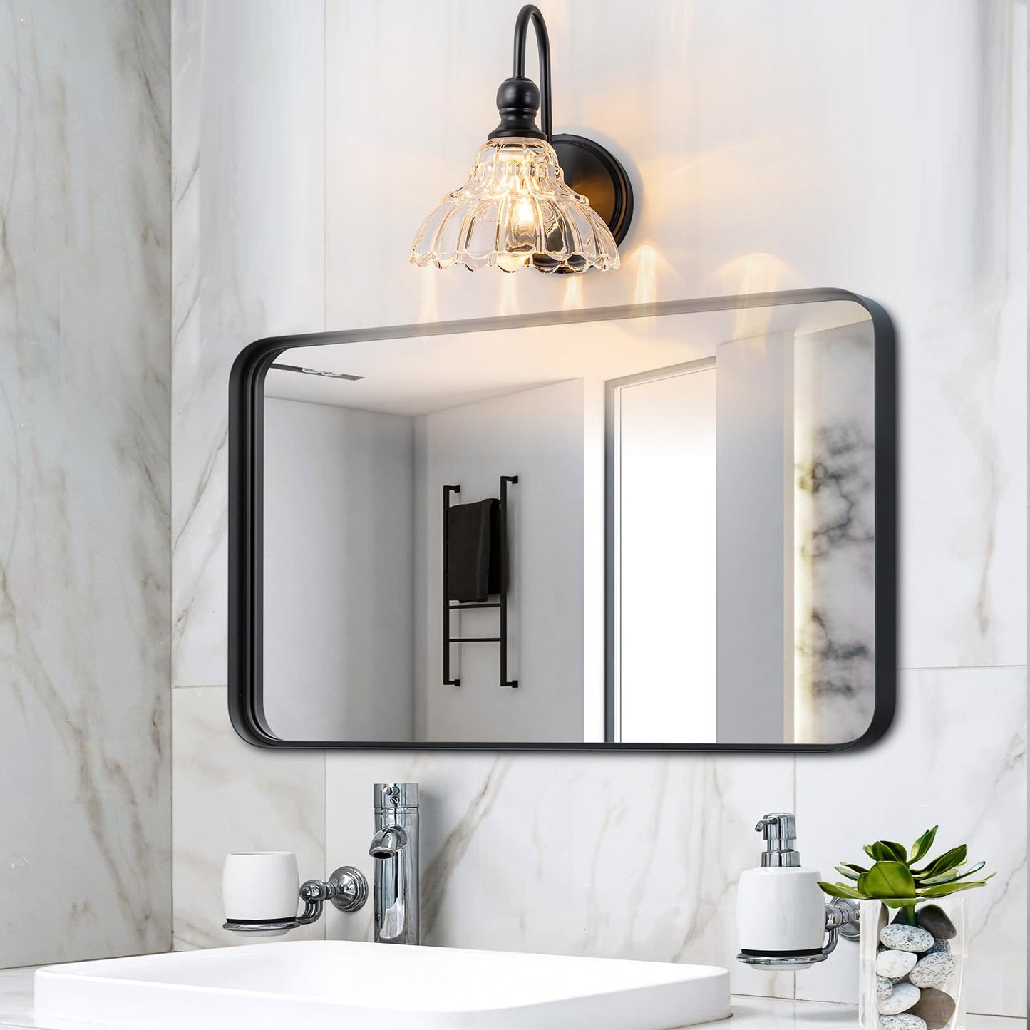 Brknit Vintage Bathroom Light Fixtures Over Mirror  1-Light Black Wall Sconce Lighting With Flower Glass Shade  Farmhouse Vanity Lights For Bedroom Kitchen Living Room Hallway Light