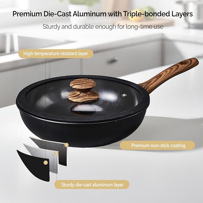 ROVSUN 17 Pcs Nonstick Pots and Pans Set, Cast Aluminum Kitchen Cookware Set, RV Kitchen Cooking Set and Utensils, PFAS PFOA & PFOS Free, Black, Skillet, Saute Pan, Soup Pot