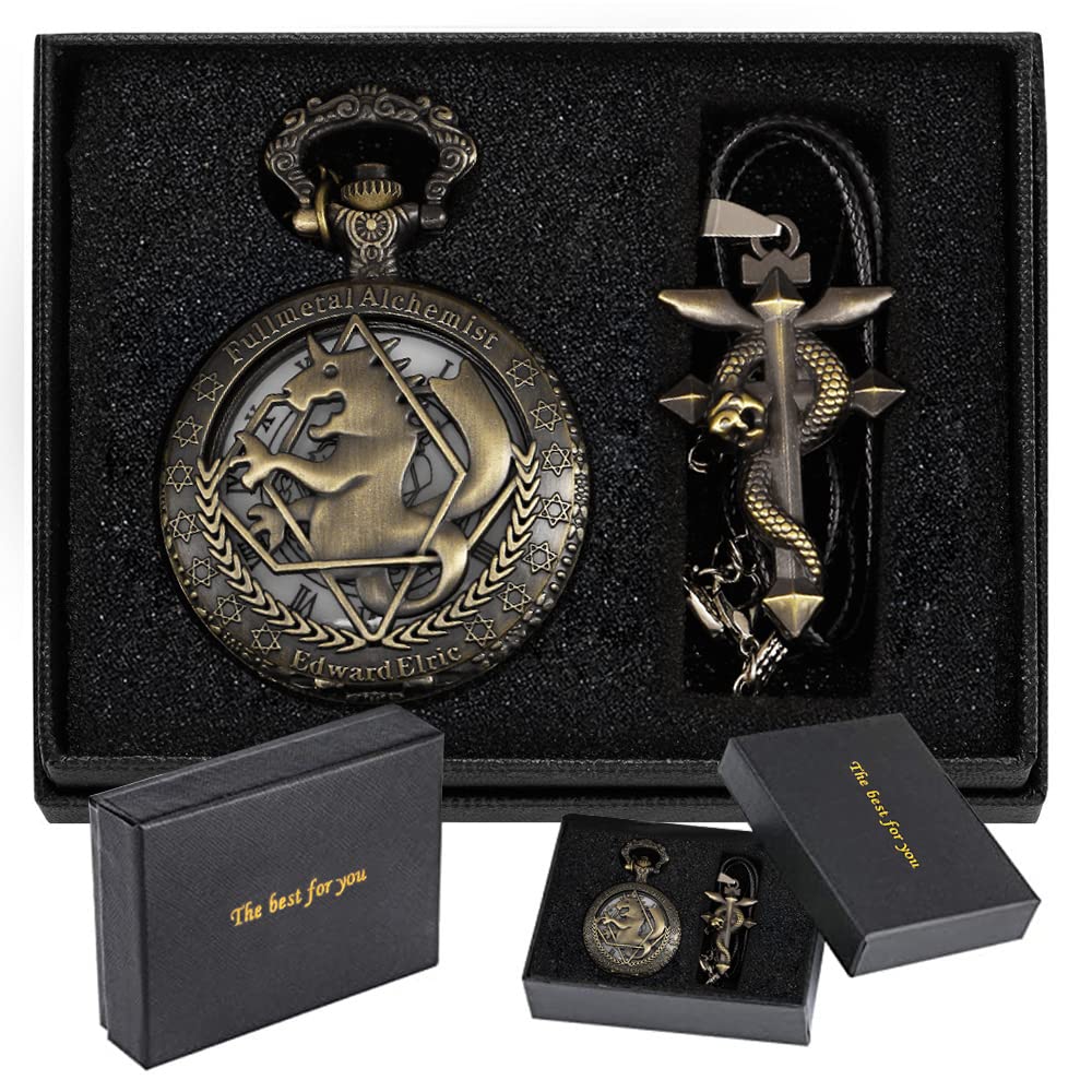 Tiong Anime Pocket Watch with Chain for Cosplay Pendant Accessories with Gifts Box(Bronze White)