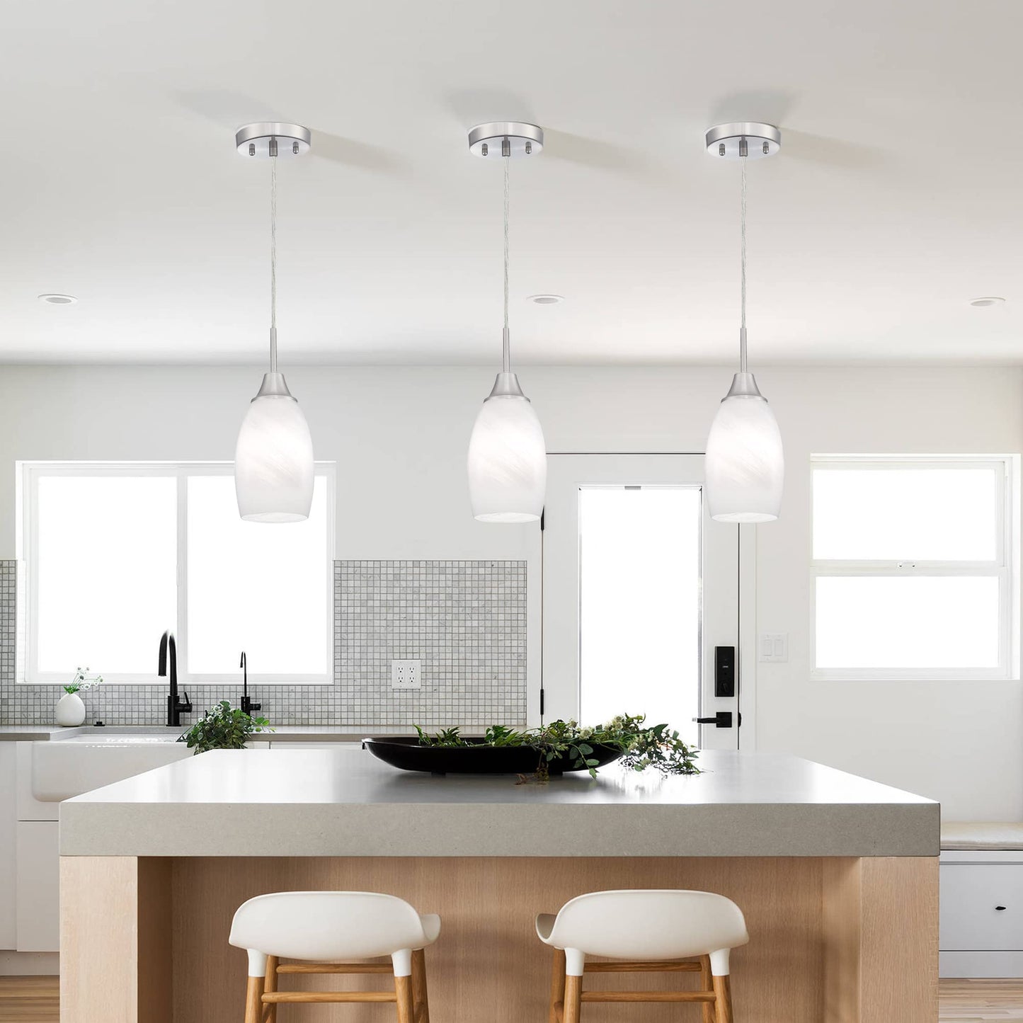 Viinew Mini Glass Pendant Light, Handblown White Swirl Art Glass, Adjustable Cord, Brushed Nickel, 4.72in, 1-Pack