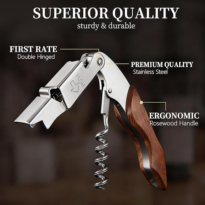 Wine Opener, Wine key, Corkscrew, Wine Bottle Opener w/Foil Cutter and Cap Remover for Servers, Bartenders, Waiters, Sommelier, Wine lover (Burl Wood, Standard)