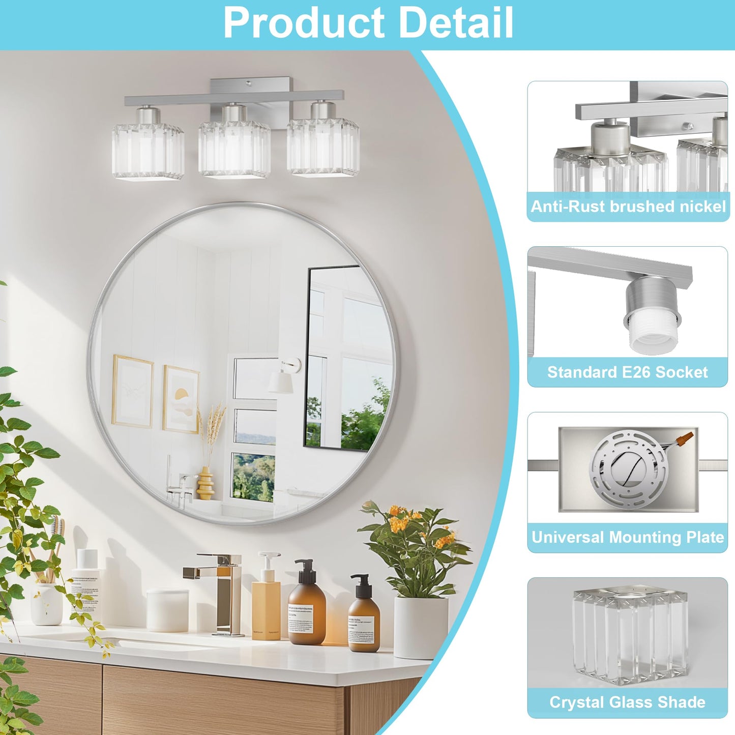Golspark 3 Light Crystal Bathroom Vanity Light Fixtures Over Mirror  Brushed Nickel Modern Vanity Lighting Fixtures  Wall Sconce Bath Wall Light  E26 Base Square Crystal Shades (Exclude Bulb)