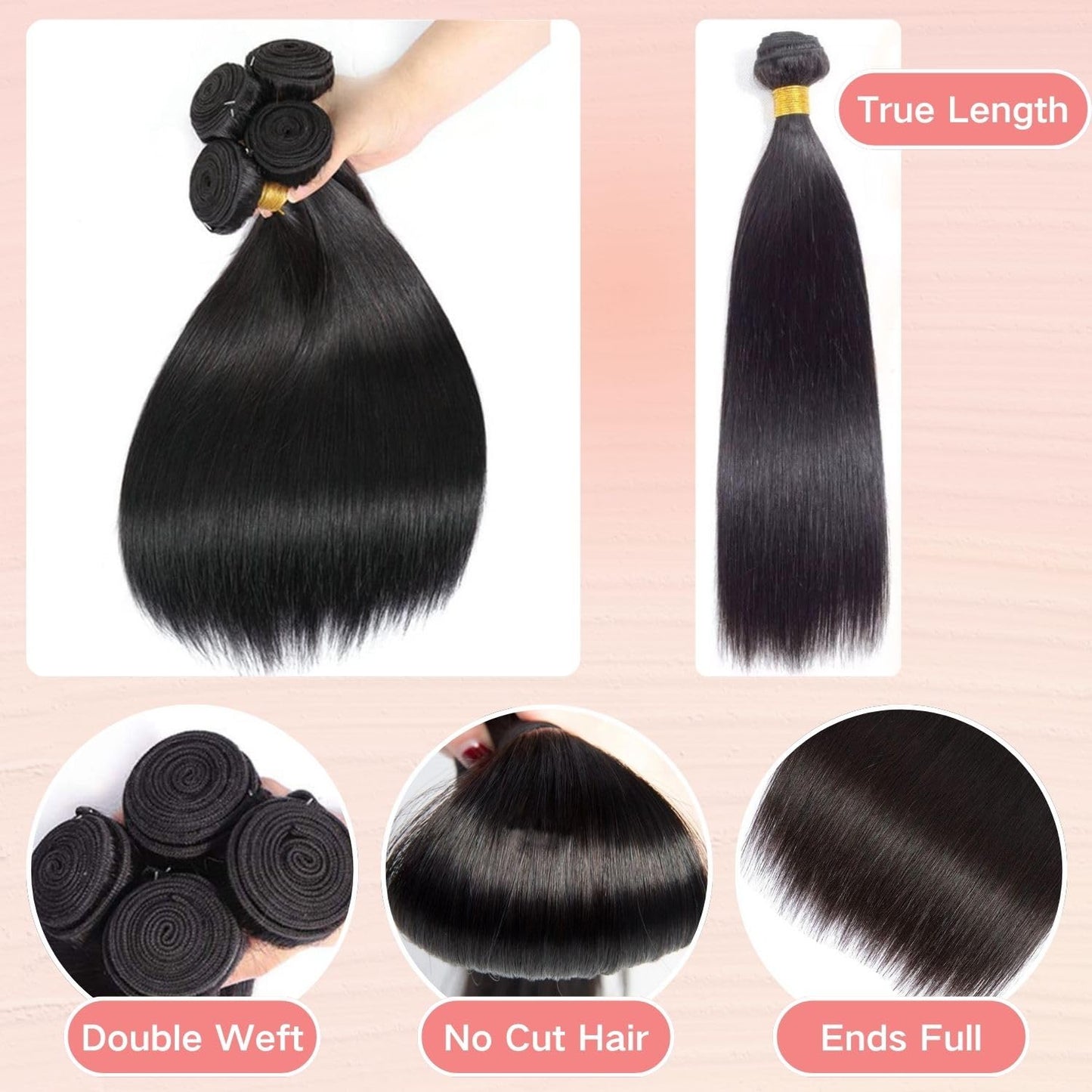 12A Human Hair Bundles 16 18 20 22 4 Straight Bundles 100% Unprocessed Brazilian Virgin Hair Deals Human Hair Extensions Quick W