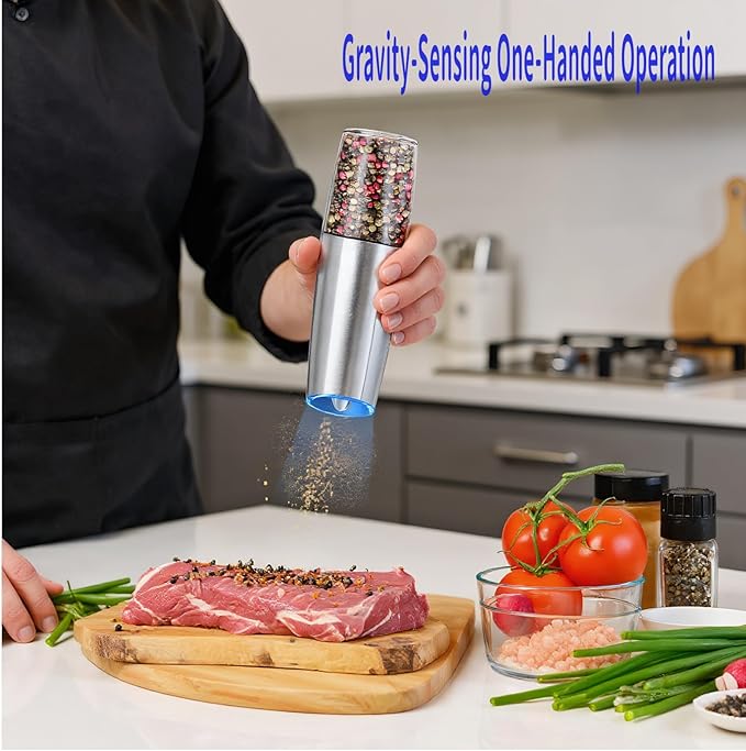 Electric Salt & Pepper Grinder,Spice Grinde USB-Rechargeable with Gravity-Activated LED Light, 150ml Silver Model for Kitchen Cooking, Travel, and Gatherings
