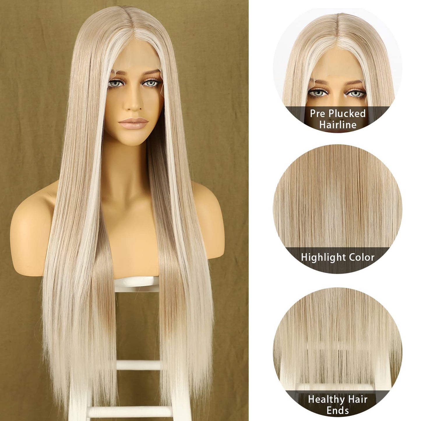 SAPPHIREWIGS Blonde Long Straight Lace Front Wig Natural Looking Highlight Blonde Wigs for Women Synthetic Heat Resistant Fiber