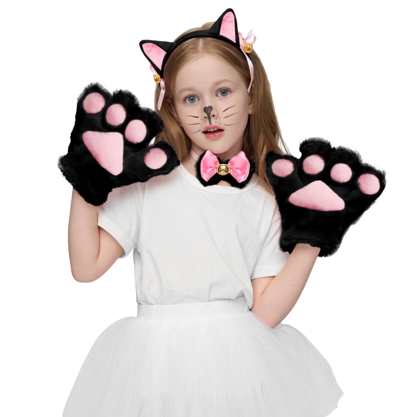 Spooktacular Creations 5 Pcs Kitten Black Kitty Cat Costume Accessories with Cat Ears Headband, Paws Gloves, Bow Tie, Tail for Adult, Kids, Cosplay, Halloween Party Dress Up Set