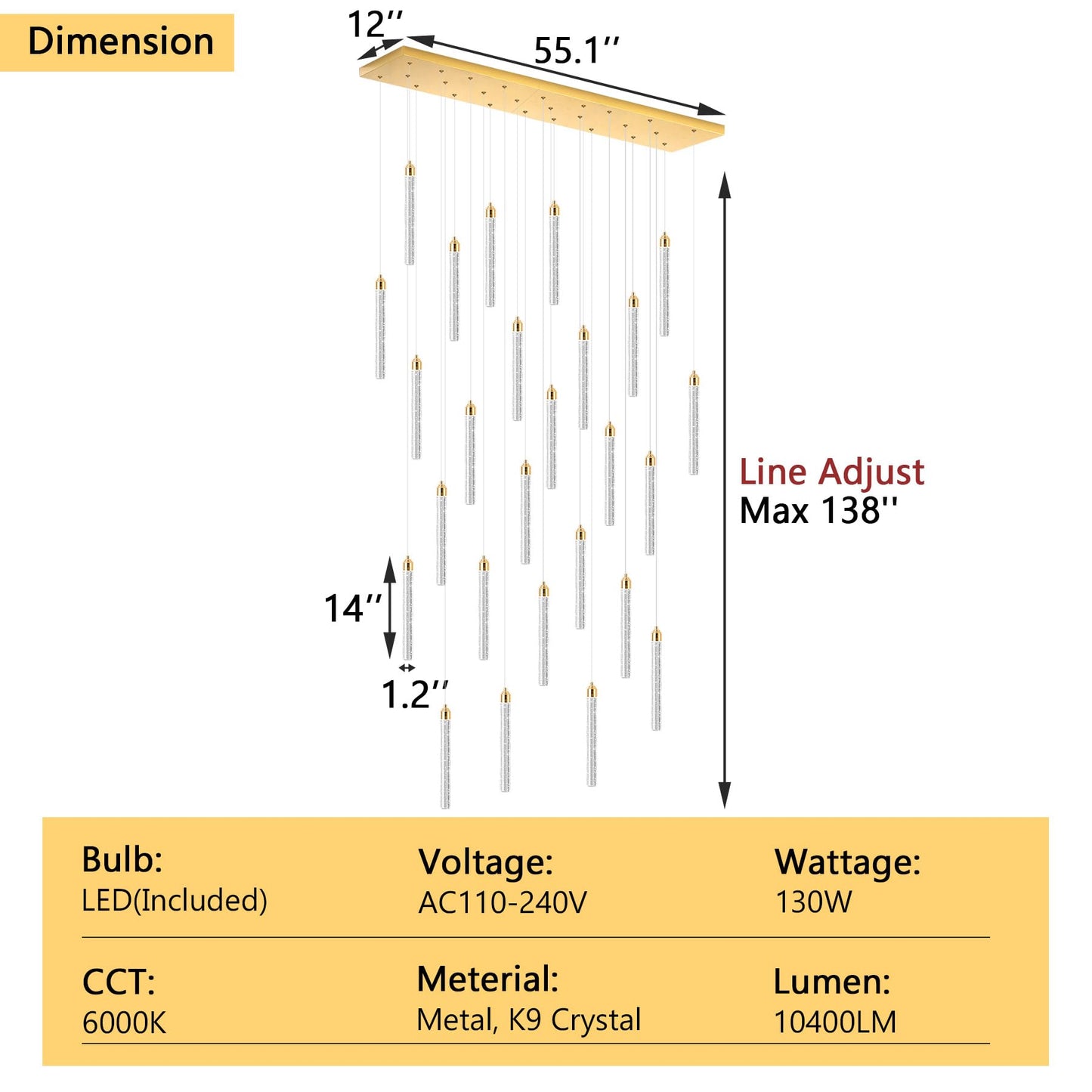 Rectangular Chandeliers 26-Lights Long Light For Entryway Led Dimmable Chandeliers Lighting Fixture Flat Sloped High Ceiling Pendant Lights Crystal For Living Room Foyer Hallway Staircase Gold