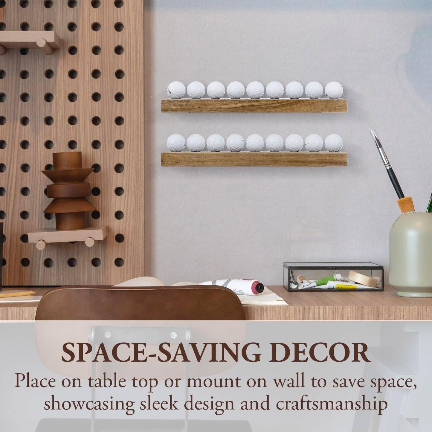 MyGift Set of 2 Premium Acacia Solid Wood Wall Mounted Golf Ball Collection Display Rack, Wooden Hanging Holder Storage Shelves Decor Holds up to 18 Balls