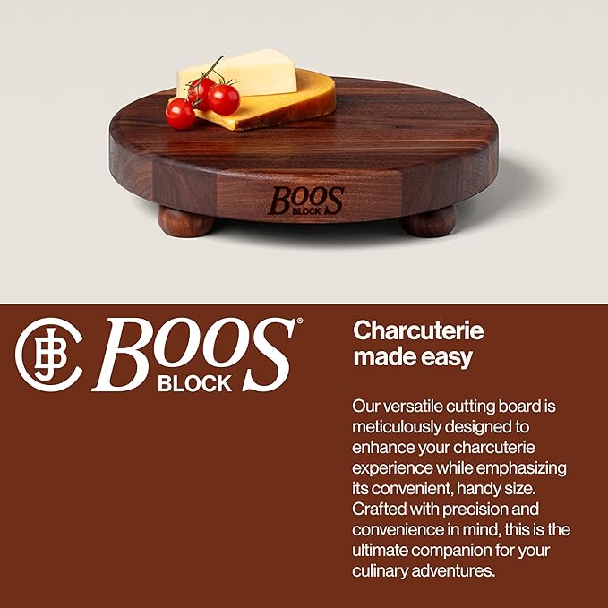 John Boos B Series Round Wooden Walnut Cutting Board 12”x12” – 1.5” Thick, 12-lb Non-Reversible Butcher Block with Wood Bun Feet & Edge-Grain