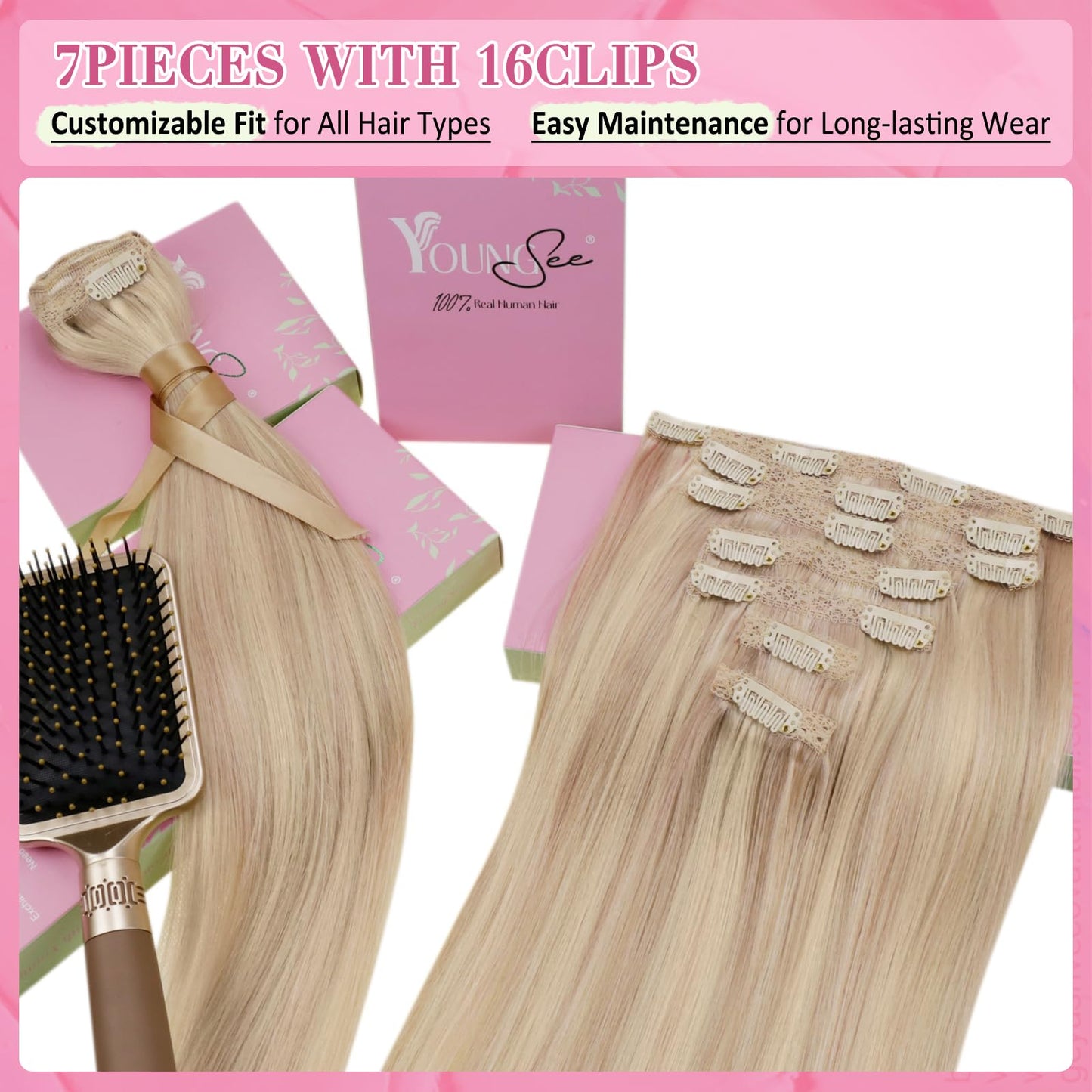 YoungSee 135G Clip in Human Hair Extensions Blonde Highlight Remy Human Hair Clip in Extensions Warm Ash Blonde Highlights Bleac