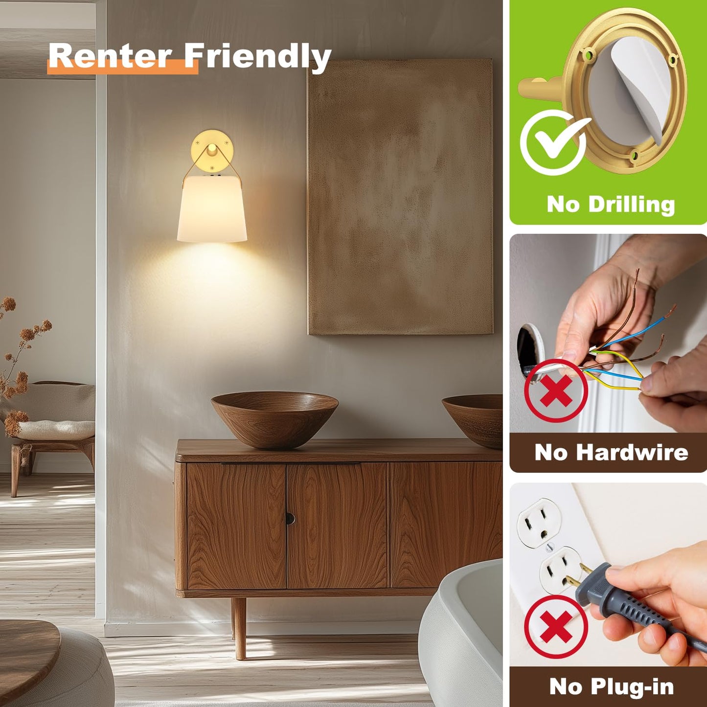 TACAHE Rechargeable Wall Sconce - Plastic - 3 Color Temp, 5 Brightness - Remote Control - Set of 2 - Gold - Model TCH-BOWS05-5000