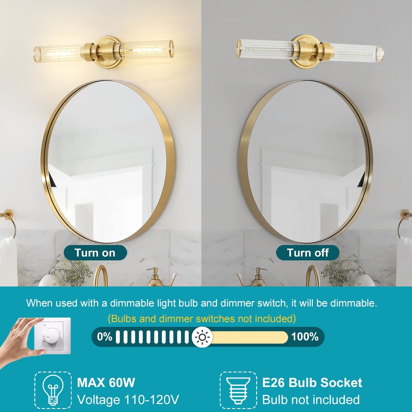 Vaziden Bathroom Light Fixtures  Gold Wall Sconce In Threaded Glass Indoor Vanity Lights  Modern Bathroom Vanity Light Up And Down Sconces Wall Lighting For Bathroom  Living Room - Bulb Not Included