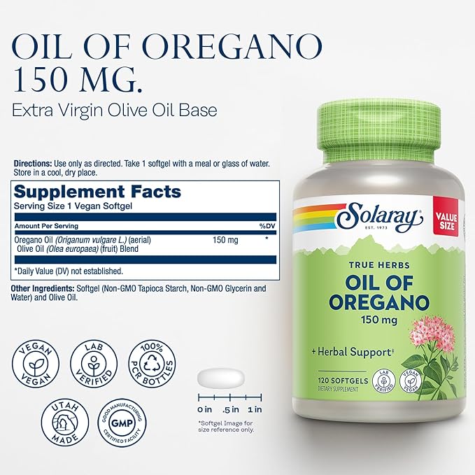 SOLARAY Oil of Oregano Softgels and Echinacea, VIT C & Zinc Immune Support Supplement - Oregano Oil and Echinacea Capsules w/Vitamin C 500mg Plus Bioflavonoids, Vegan, 60-Day Guarantee, 120ct/180ct