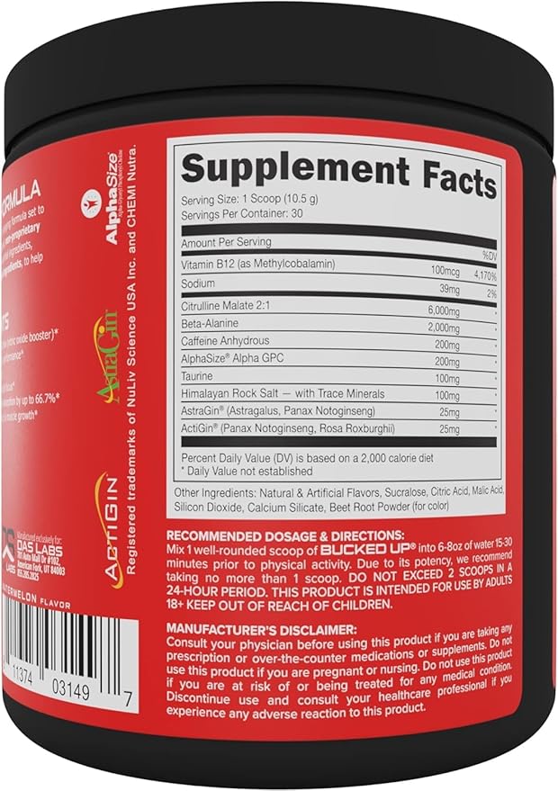 Bucked Up Pre Workout 6 Grams Citrulline, 2 Grams Beta Alanine, and 3 Other Registered trademarked Ingredients (Freedom Pop)