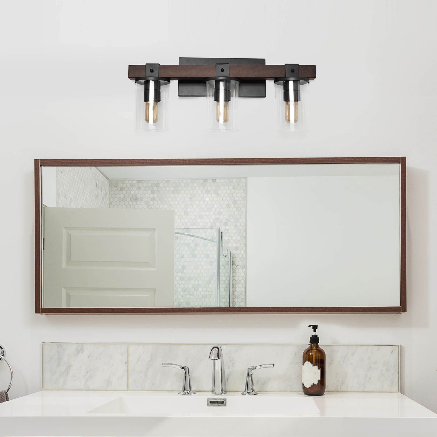 Elegant Designs VT1009-BWN Industrial Rustic Lantern 3-Light Bath Vanity, Metal, Brown, 22.25inL x 9.5inW x 5.5inH