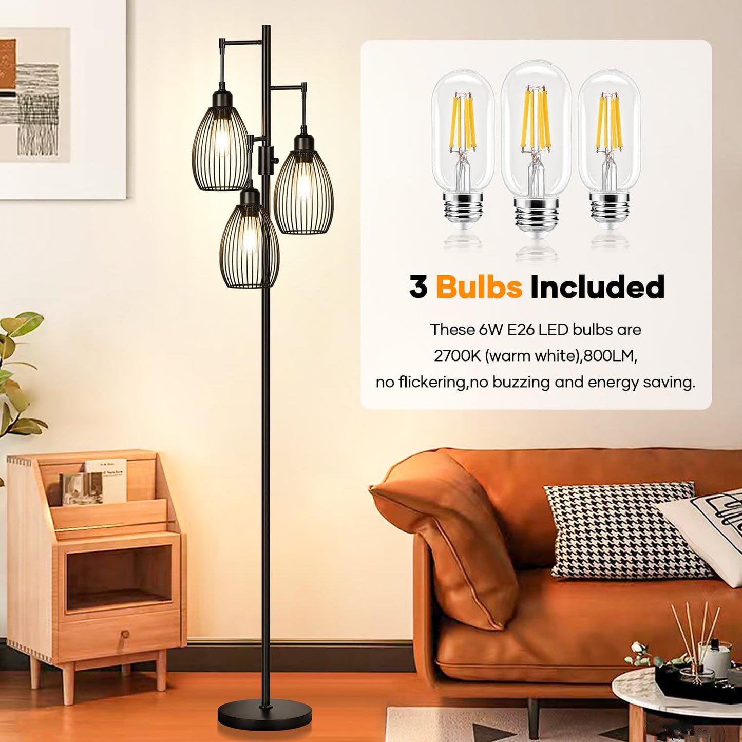 Nintiue Dimmable Floor Lamp, 3 x 800LM LED Edison Bulbs, Metal, 70 inches, Matte Black, Model FL1908