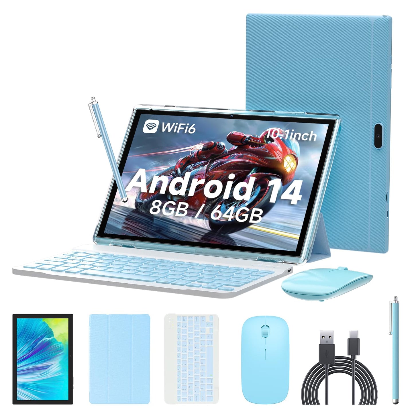 Ruiqiai Android 14 Tableta, 2 In 1 Tablet 10 Inch,Computer Tablet, With Keyboard Case, 8Gb+64Gb Rom/1Tb, Quad Core, Dual Carema,