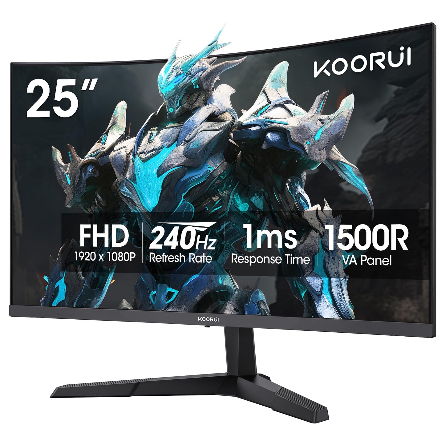 KOORUI 25 Inch Curved Gaming Monitor 240Hz FHD 1080P Computer Monitor, 1500R 1ms MPRT Display, Adaptive Sync, 90% DCI-P3,HDR, Ey