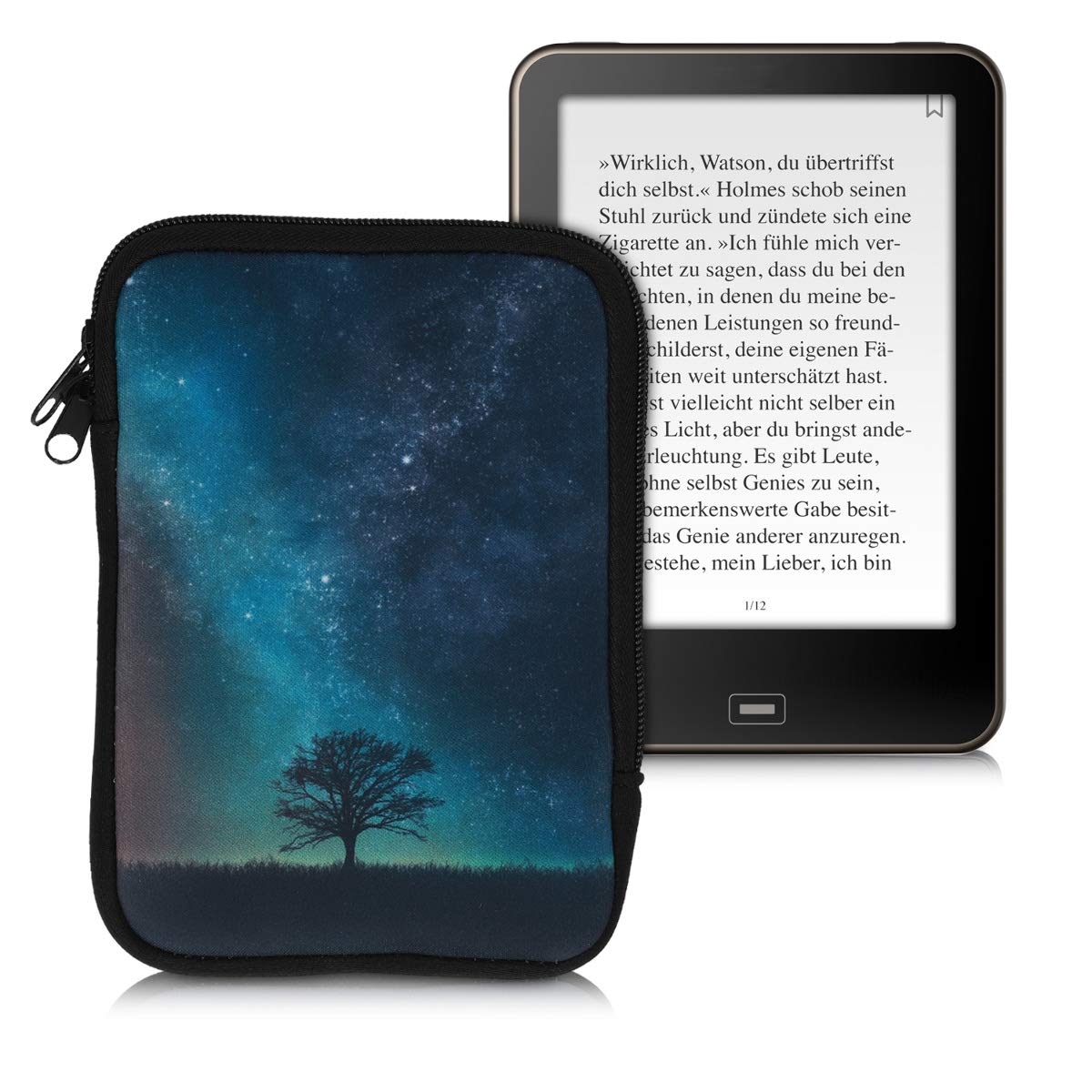 Kwmobile Neoprene E-Reader Pouch Size 6 Ereader - Universal Ebook Sleeve Case With Zipper, Wrist Strap - Blue/Grey/Black