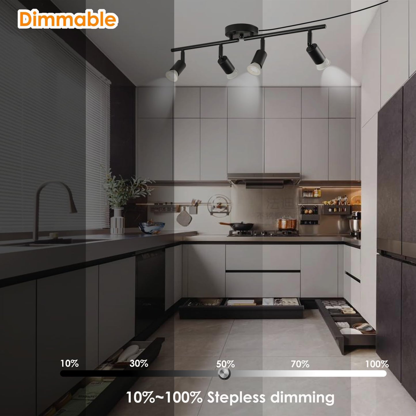 Vivihobb Dimmable Plug In Track Light Black 4 Light Plug In Ceiling Lighting Fixture With 16.4 Long Cord 4 Way Ceiling Spotlight Rotatable Wall Mount Light Head Led Dimmable Spot Bulbs Included