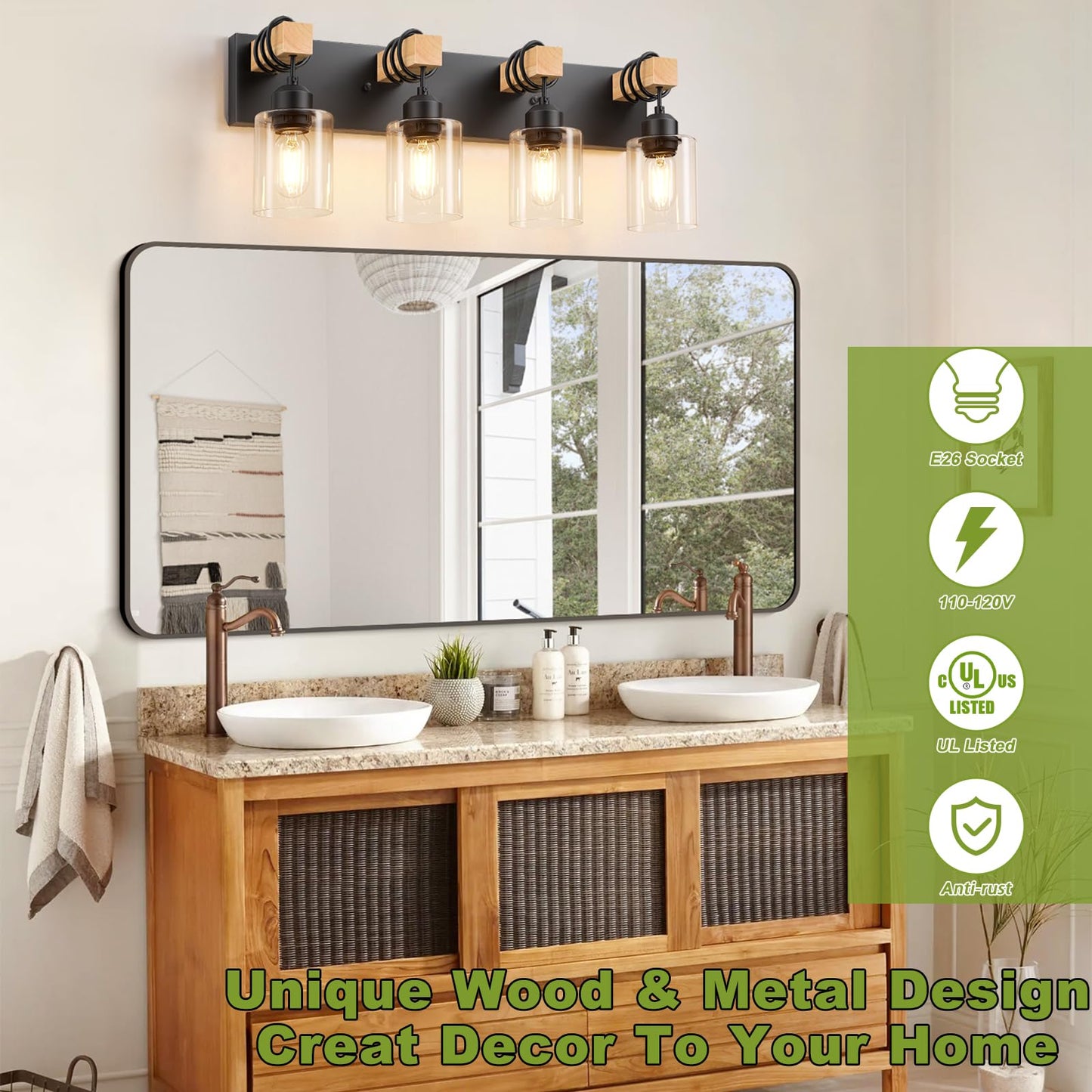 Licperron 4-Lights Farmhouse Vanity Lights For Bathroom  Matte Black Bathroom Light Fixtures With Clear Glass Shade  Rustic Wood Wall Lighting Fixtures Over Mirror For Bedroom  Living Room  Hallway
