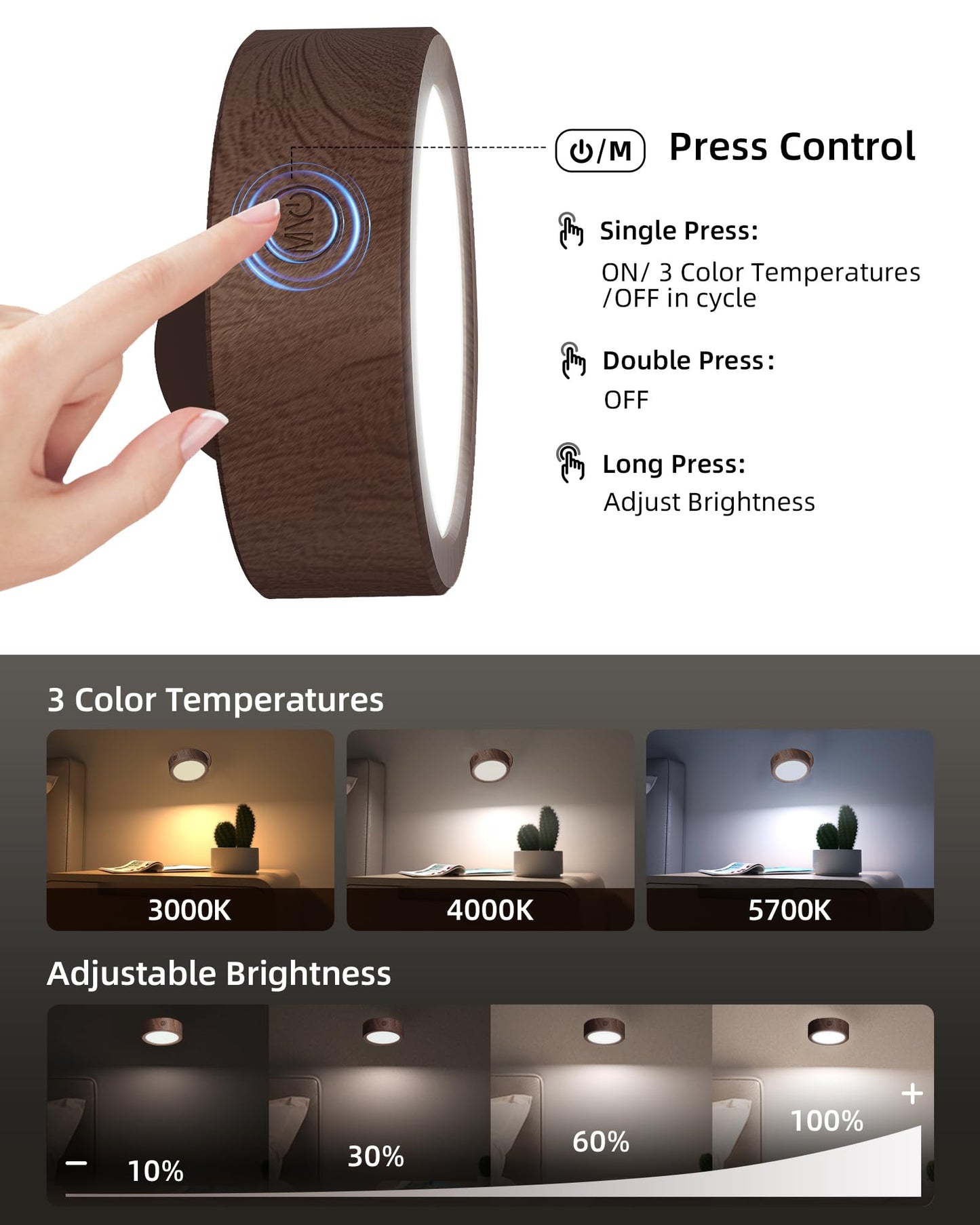 EZVALO LED Wall Mounted Lights, 3 Color Temps, Remote Control, 3 Pack, Black Walnut, Model EZL2404A