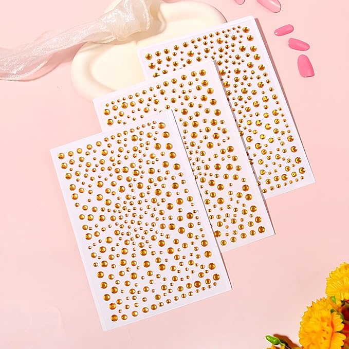 Rhinestone Stickers for Crafts Face Gems Pearls for Makeup stick on Body Clear Crystal Tweezers Decals 3/4/5/6MM Yellow Hair Nails Craft DIY Gems for Nails Makeup Decor 975PCS