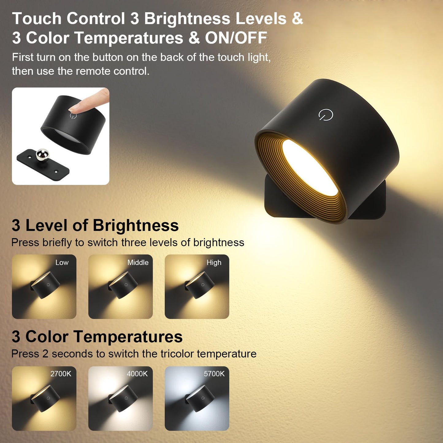 Lightess Battery Operated Wall Sconce, RGB Dimmable, Remote Control, Magnetic Rotation, Model SH-C6104C, Black