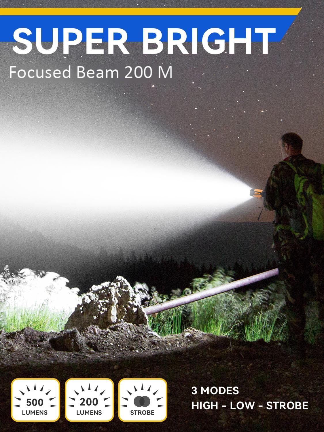 Durapower 60000 Lumens Rechargeable Led Spotlight, Ip44 Waterproof, Handheld Flashlight, Orange, Model Am17-2203