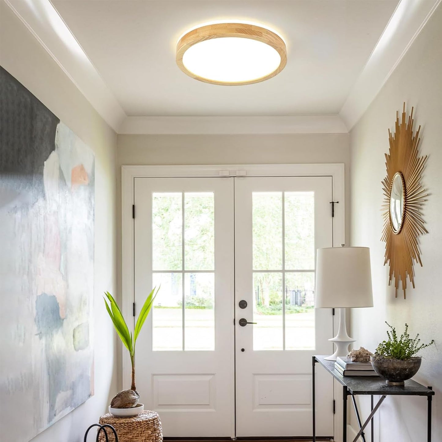 Pevfah Modern Dimmable Wood Flush Mount Ceiling Light  2700K-6000K 5Cct Round Close To Ceiling Lighting Fixtures  Minimalist Led Ceiling Lamp For Bedroom  Kitchen  Hallway  Laundry Room-11.81In