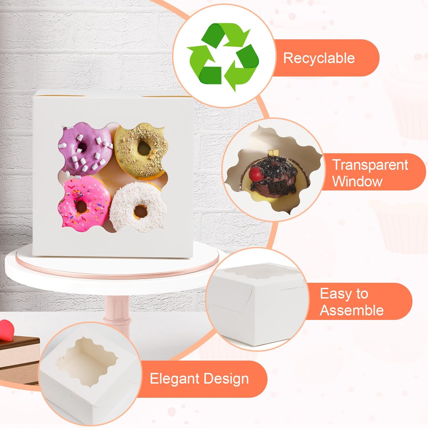 ZYFOTZUN 12 Pcs Cookie Boxes with Window, 6x6x3 Inches White Bakery Boxes, Treat Boxes with 50 Pcs Cookie Bags and 12 Pcs Stickers, for Dessert Pastry Chocolate Strawberries Macarons Donut Cupcake