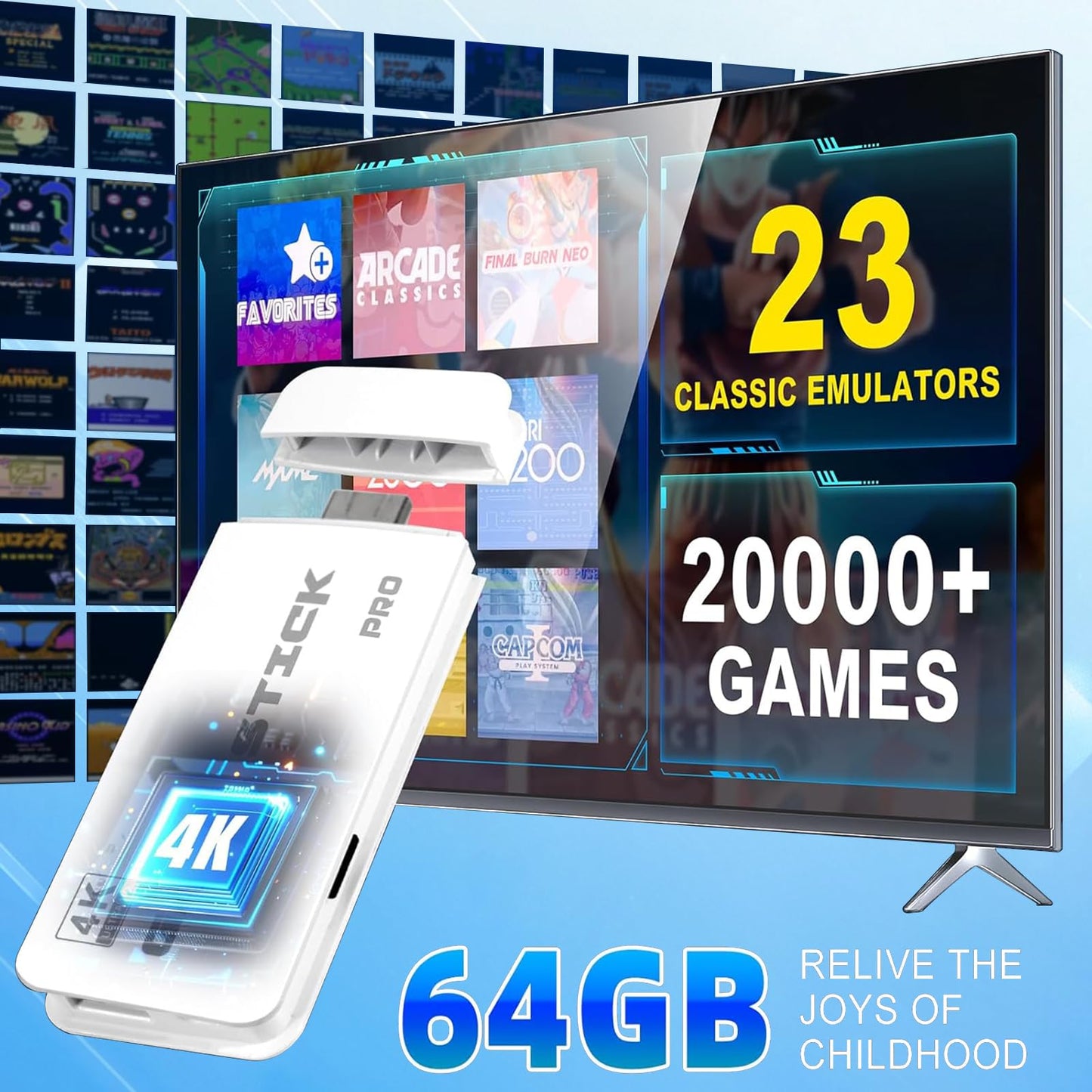 Wireless Retro Gaming Console Classic Retro Game Stick Built-in 23 Emulators 20,000+ Games, 4K HDMI Output and 2.4g Wireless Controller Gamepad, Plug and Retro Play Video Games for TV