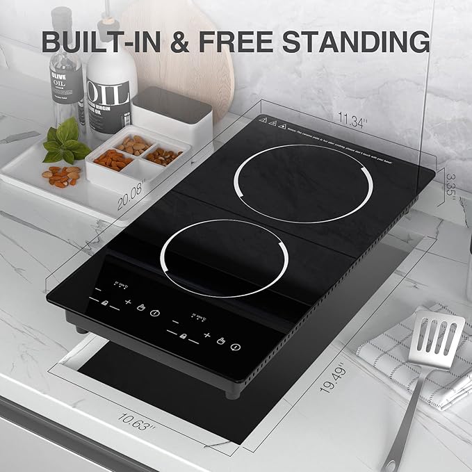 12“ Induction Cooktop, Double Induction Cooktop 2 Burner 110v-120v Electric Stove Top, Countertop and Built-in, 9 Power Levels, Child Lock, 120 Mins Timer
