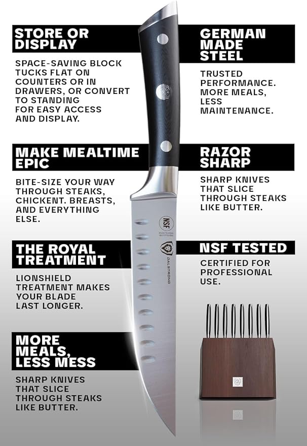 Dalstrong Steak Knife Set - 8 Piece - 5 inch Straight Edge Blade - Gladiator Series Elite - Forged High-Carbon German Steel Dinner Kitchen Knife - Black G10 Handle - Folding Block Set - NSF Certified