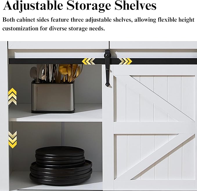 Farmhouse Bar Cabinet with Wine Rack 54" Coffee Buffet Cabinet with Sliding Barn Doors, Adjustable Shelves Rustic Kitchen Cabinets with 3 Drawers for Dining Room, Black with White