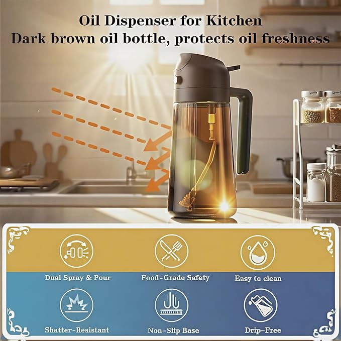 Oil Sprayer for Cooking 2 in 1, Olive Oil Dispenser for Kitchen Gadgets, 16oz/470ml Premium Light-Blocking Oil Bottle, Food-Grade Spray Bottle, for Salad, Air Fryer, BBQ (Brown)