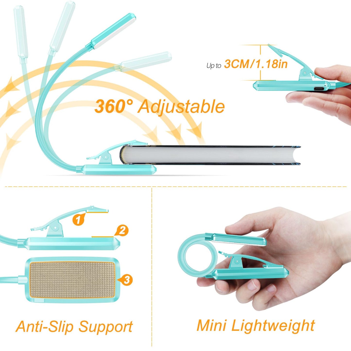 Gritin Rechargeable Book Light - 9 LED, Eye Caring, 3 Color Temperatures, Stepless Dimming, Clip-On, Blue, Model G1330