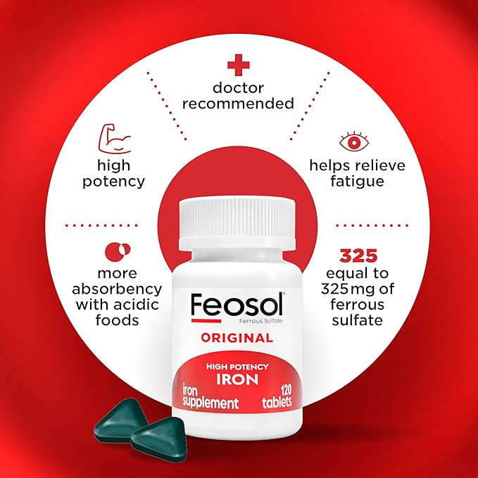 Feosol Original Iron Supplement Tablets,Non-heme 325mg Ferrous Sulfate (65mg Elemental Iron) per Iron Pill, 1 Per Day, 4 Month Supply, for Energy and Immune System Support (120 ct Pack of 2)