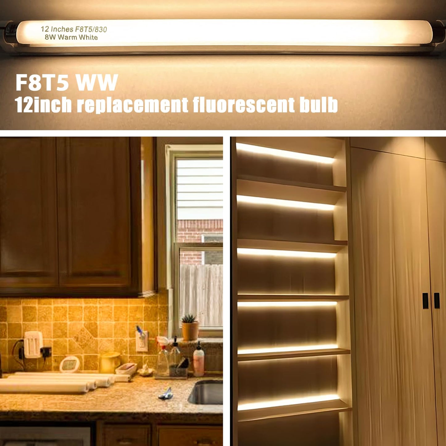 Konideke 8 Pack F8T5/WW Fluorescent Bulbs Warm White, 12 inch Under Cabinet Light Bulb, T5 8 Watt Fluorescent Tube Soft White, G5 Mini Bi 460 Lumens No Dimmable