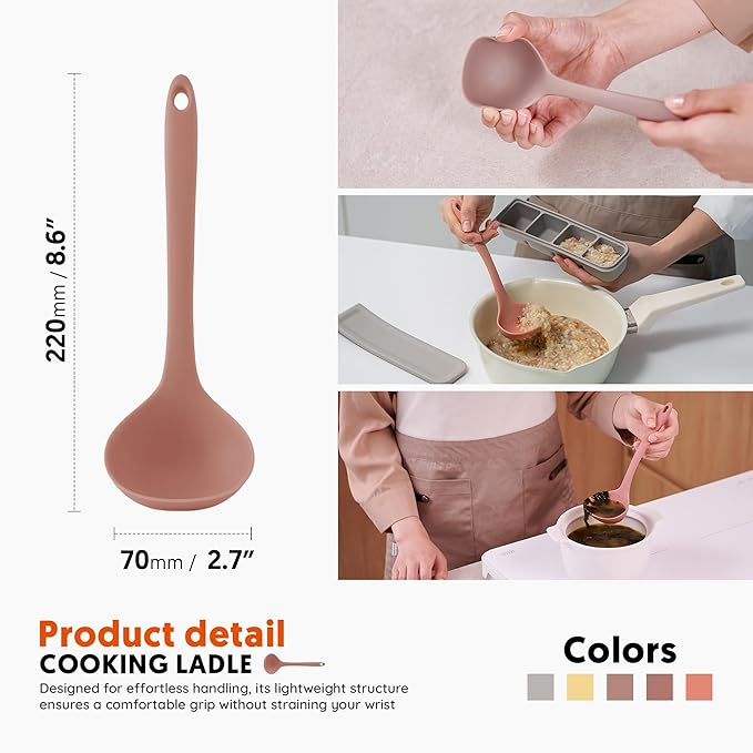 Platinum Silicone Cooking Ladle for Baking, Scraping & Mixing, 100% Food Grade Colorful Silicone Kitchen & Serving Utensils, Heat Resistant, Non-Stick Cookware - 8.6 inch Dry Rose