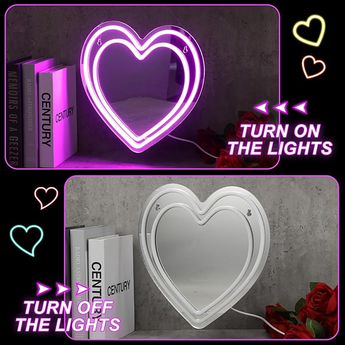 Heart Mirror Neon Sign Powered LED Light Pink 12" x 12" Decorative Wall Mirror Love Acrylic Mirrors Wall Art Decor Girl's Make-up for Christmas Party Gift Dorm Beauty Salon Room Decor