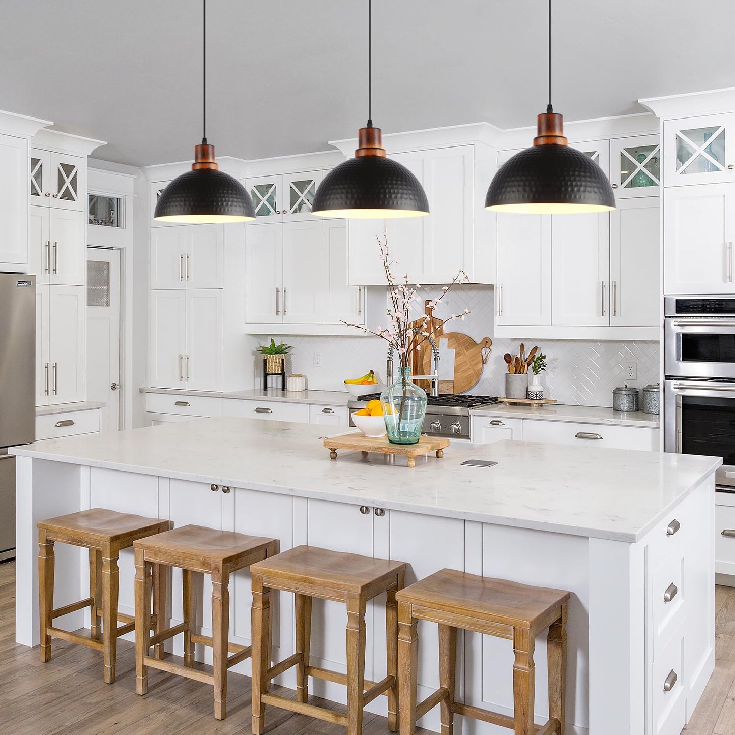 Mgcanyu Black Pendant Lights Kitchen Island  11.8 Hammered Metal Black Dome Pendant Lighting Black And Wood Pendant Light Fixture Hanging Ceiling Light For Dining Living Room Restaurant Sink