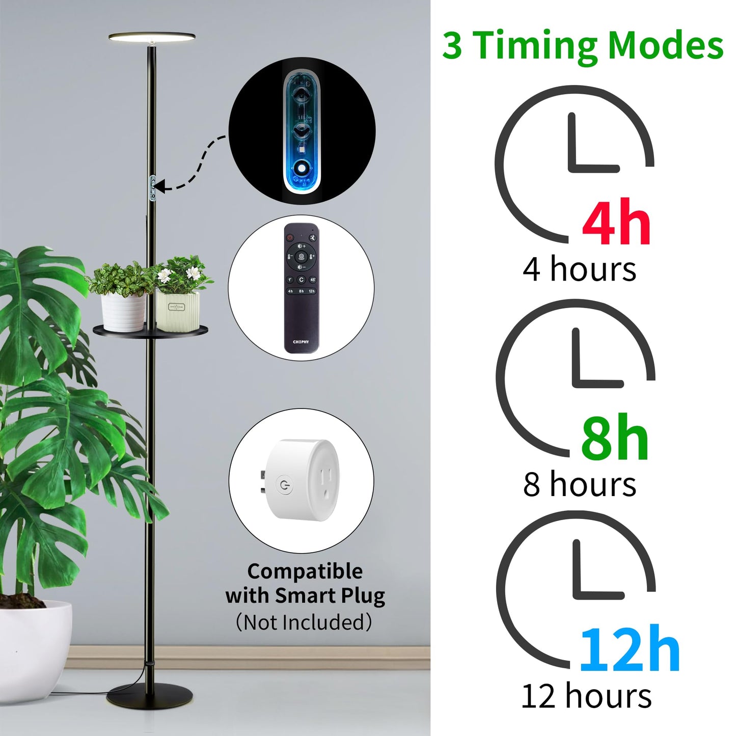 chiphy Grow Lights, Full Spectrum Plant Light, 40W, 69in Tall with Tray & Remote, 10 Dimmable Brightness, Black, Model RF04-002-BK(A