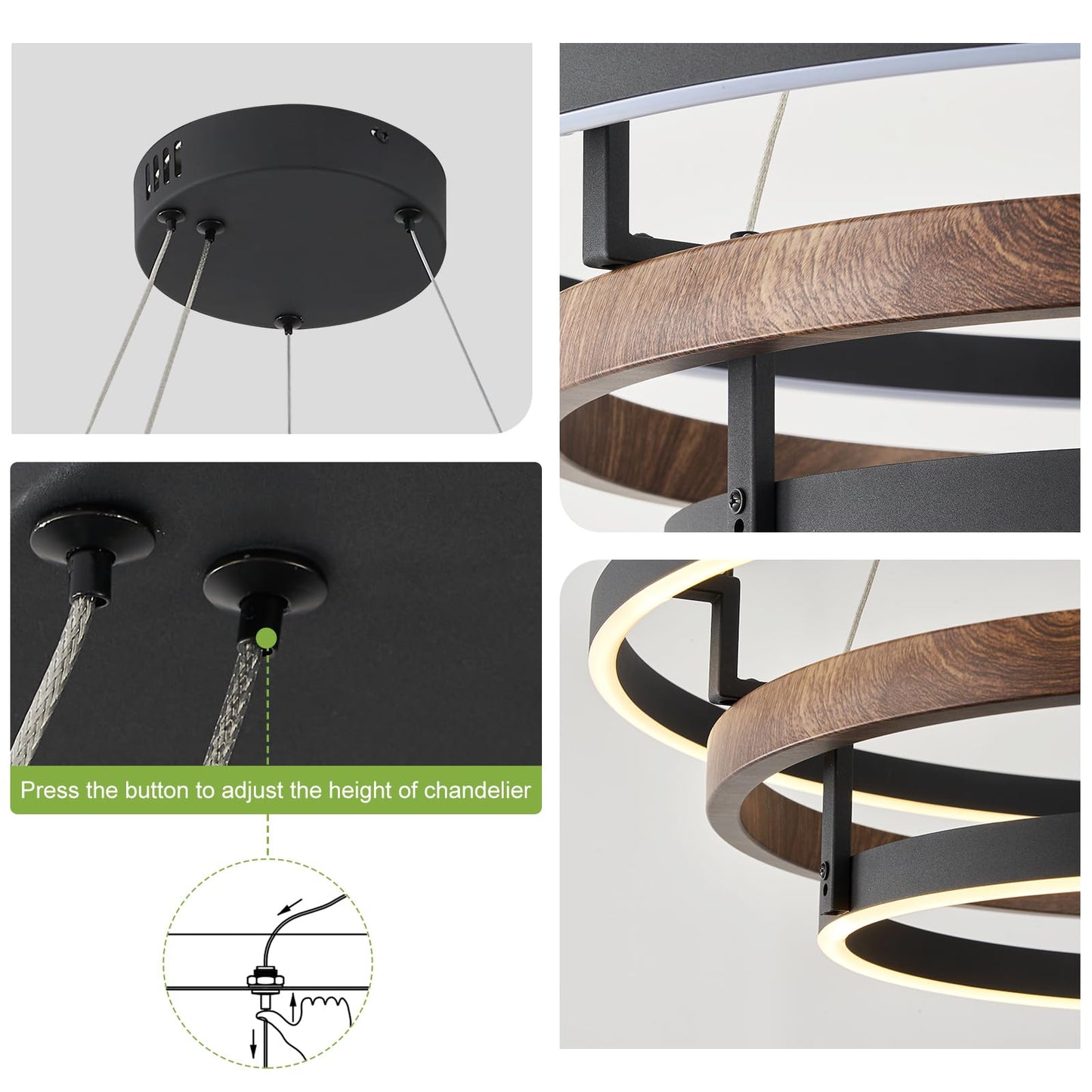 Benkut 3 Rings Modern Led Chandelier Black Dimmable Circular Pendant Light For Dining Room  Foyer Chandelier With Remote Control Flush Mount High Ceiling Light For Kitchen Living Room  D30.7In