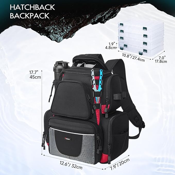 Piscifun Fishing Tackle Backpack with 4 Trays, Large Outdoor Storage Tackle Bag with Protective Rain Cover for Fishing Gear