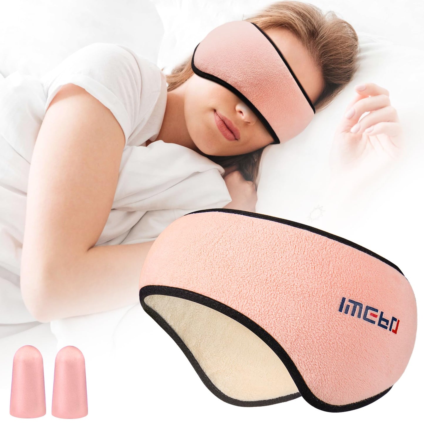 Plush Sleep Mask - Adjustable Headband, 2 in 1 Eye & Ear Mask for Men & Women, Soft Eye Cover for Side Sleepers (Pink)